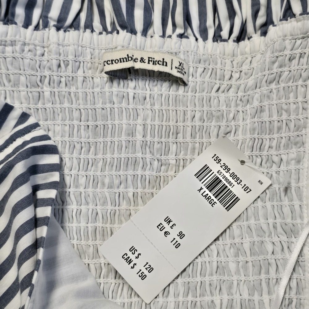 Abercrombie & Fitch Blue White Striped Ruffle Off Shoulder Maxi Dress XL Smocked - Picture 6 of 9
